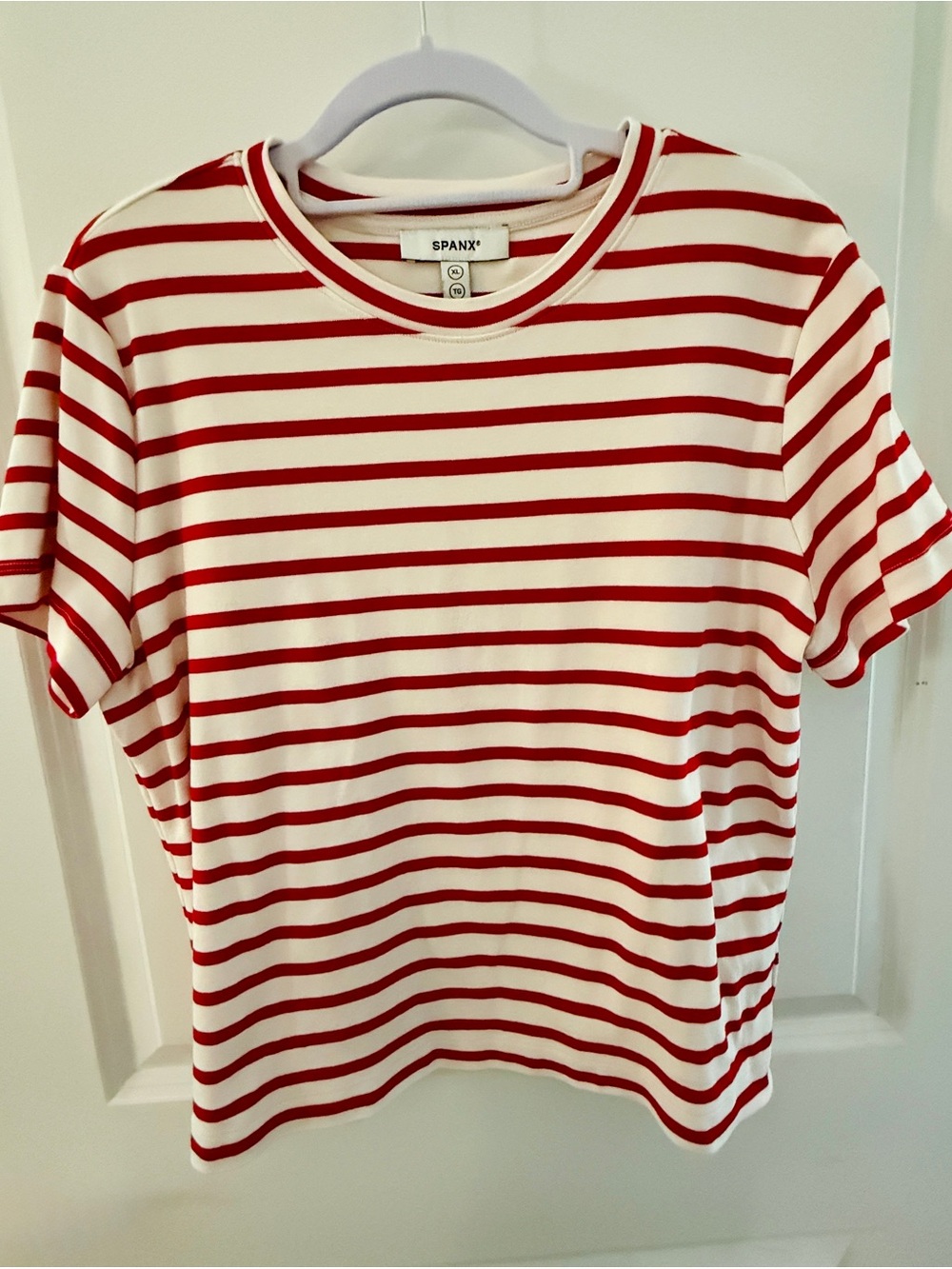 SPANX Red and White Striped Crewneck Top
